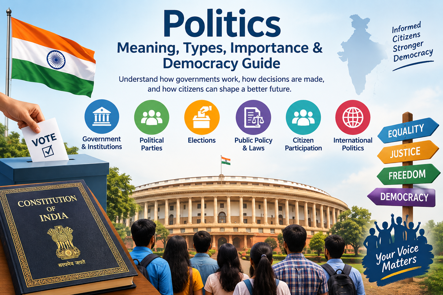 Politics meaning, types, importance, and democracy guide featuring the Indian flag, Parliament, Constitution of India, elections, political parties, public policy, and citizen participation.